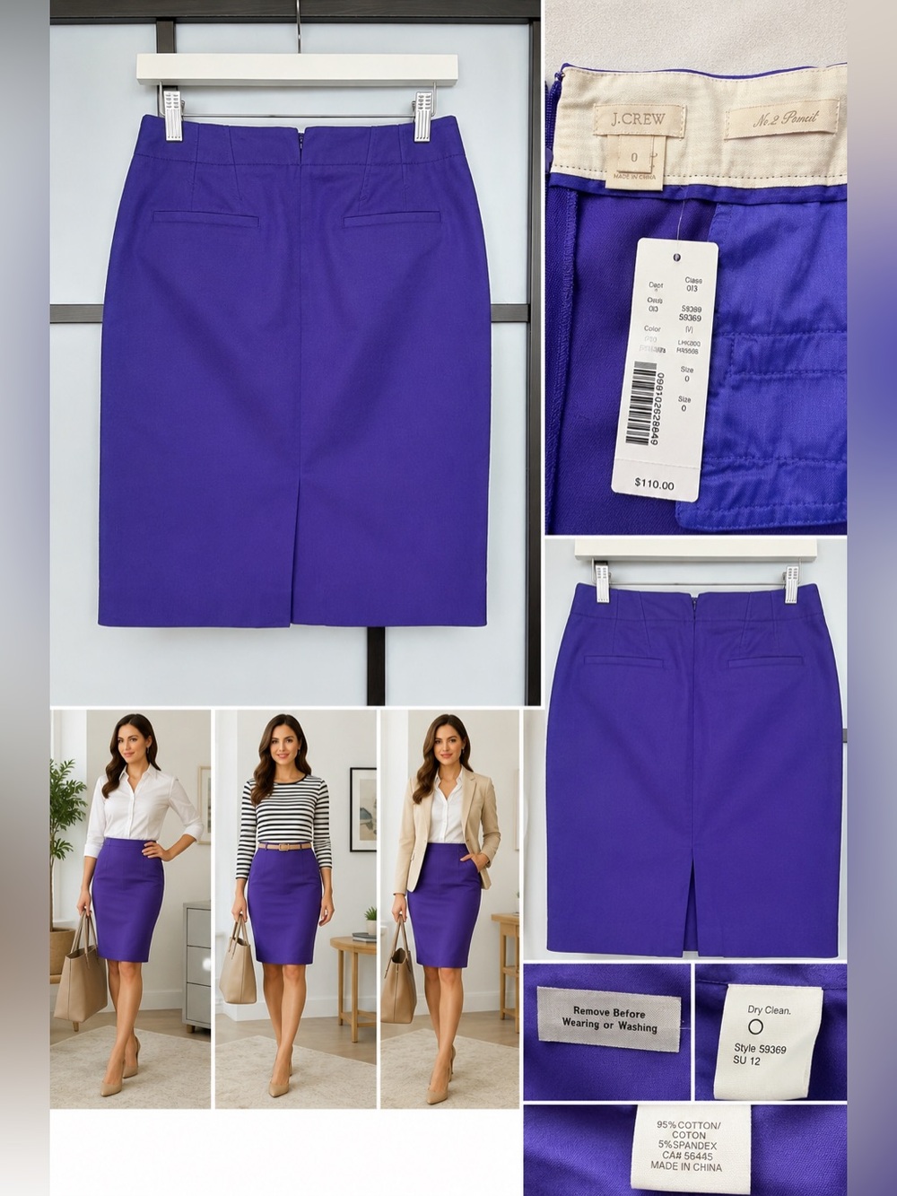 J.Crew No. 2 Pencil Skirt Purple Size 0 NWT Cotton Stretch Career Classic